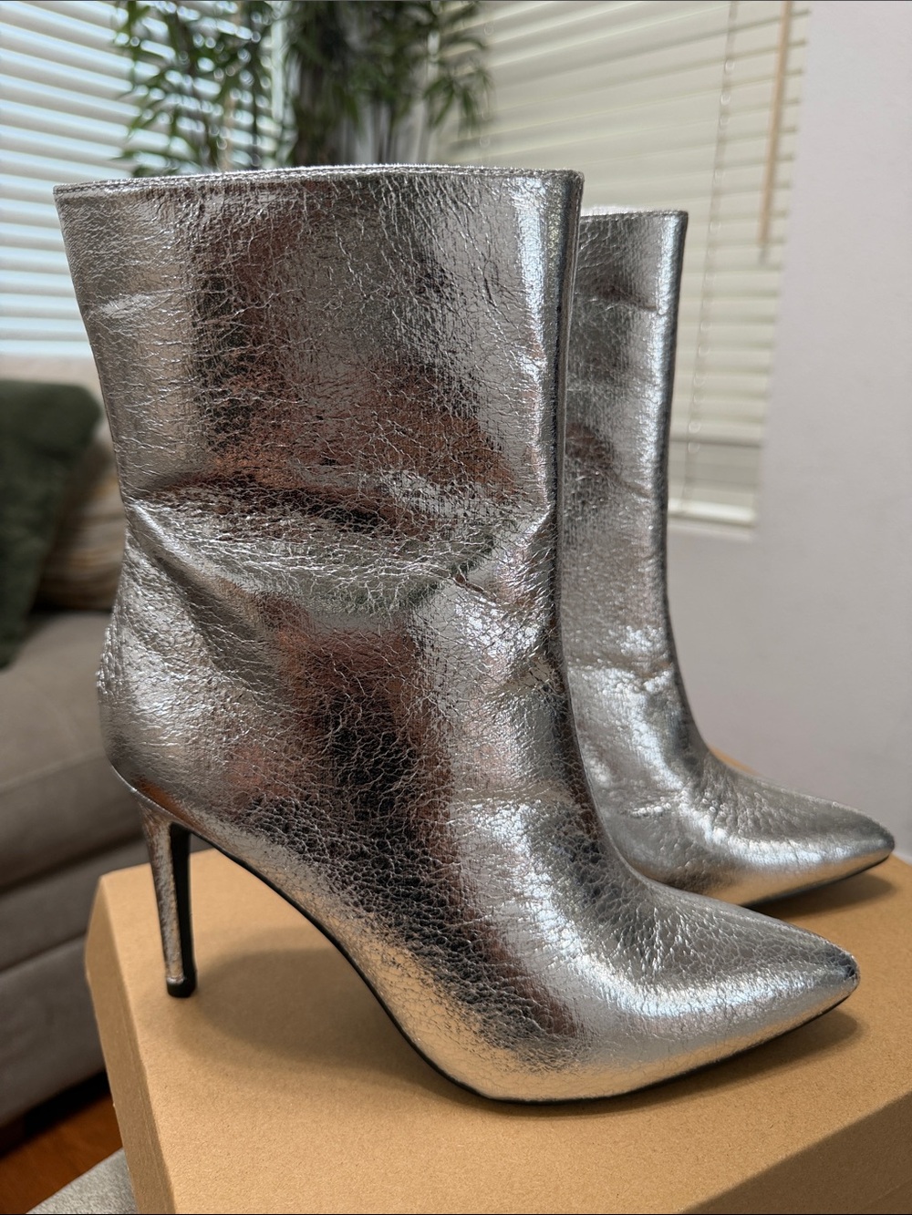 MIA Silver Metallic Pointed-Toe Stiletto Booties